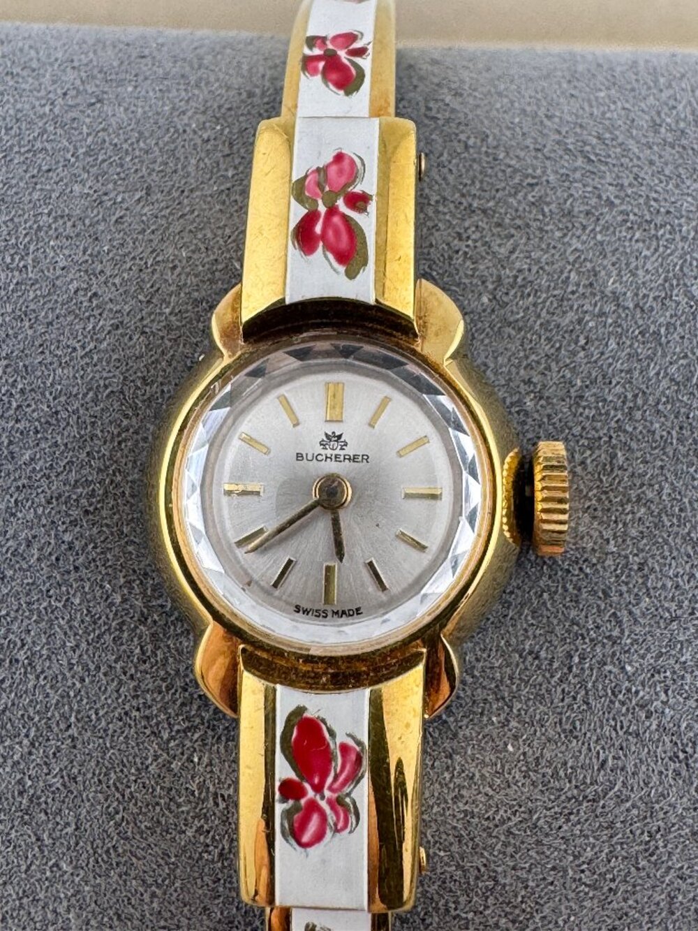 Vintage 1950's Bucherer 17 Jewels Swiss Ladies Floral Enameled Cuff Wrist Watch
